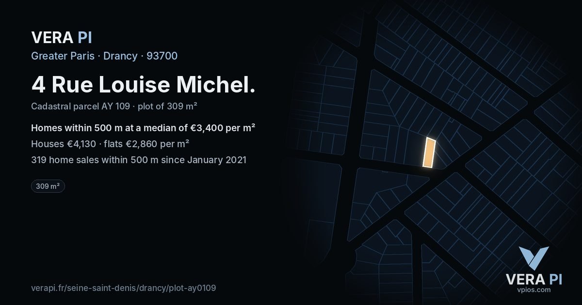 4 Rue Louise Michel, Drancy at night – the plot lit, the parcels around coloured by the prices near them
