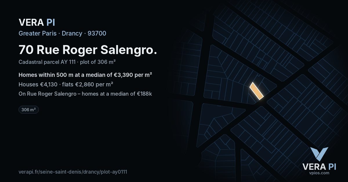 70 Rue Roger Salengro, Drancy at night – the plot lit, the parcels around coloured by the prices near them