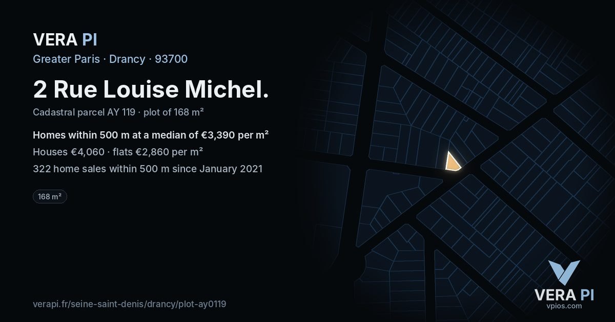 2 Rue Louise Michel, Drancy at night – the plot lit, the parcels around coloured by the prices near them