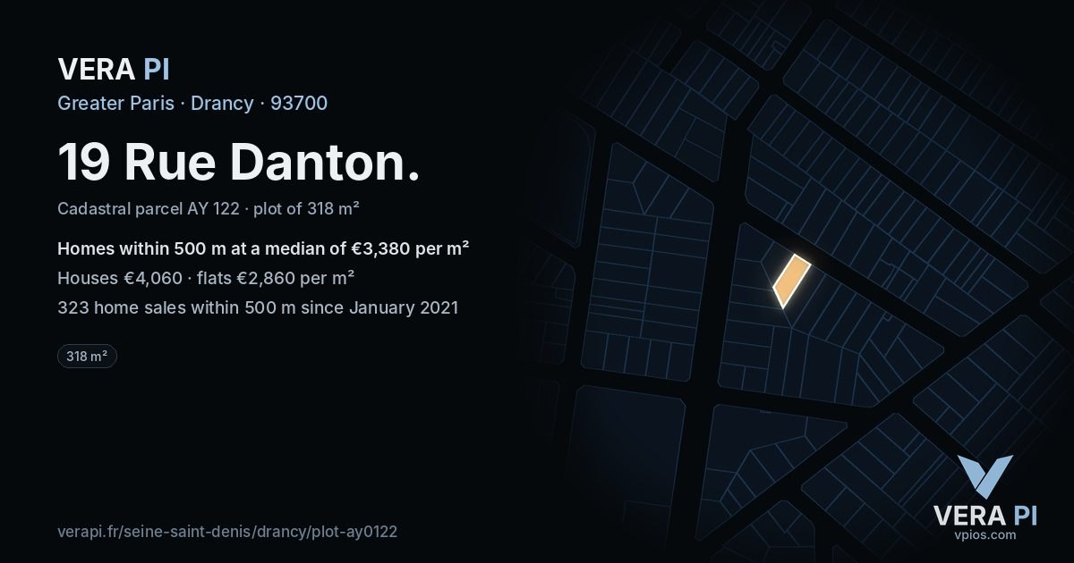 19 Rue Danton, Drancy at night – the plot lit, the parcels around coloured by the prices near them