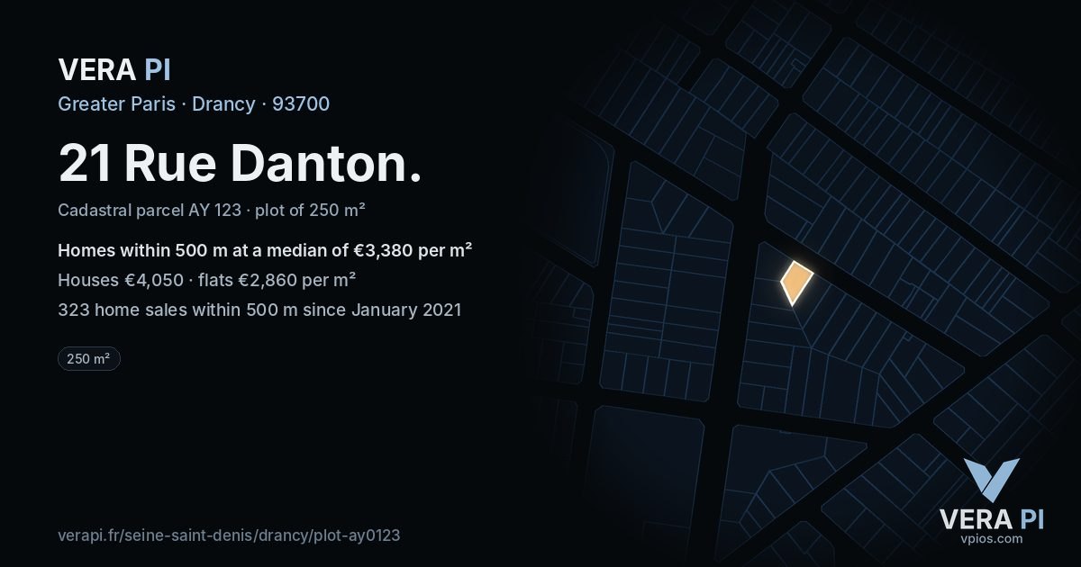 21 Rue Danton, Drancy at night – the plot lit, the parcels around coloured by the prices near them