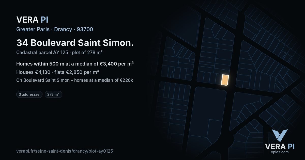 34 Boulevard Saint Simon, Drancy at night – the plot lit, the parcels around coloured by the prices near them