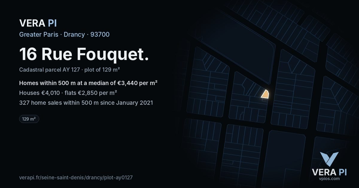 16 Rue Fouquet, Drancy at night – the plot lit, the parcels around coloured by the prices near them