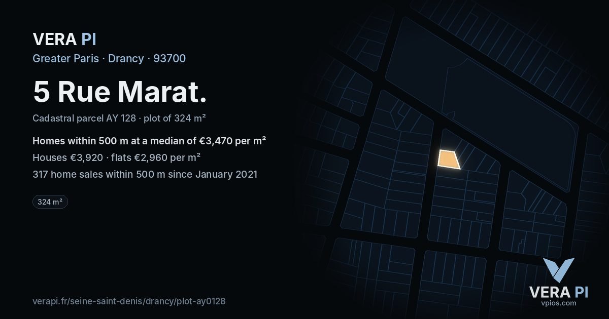 5 Rue Marat, Drancy at night – the plot lit, the parcels around coloured by the prices near them