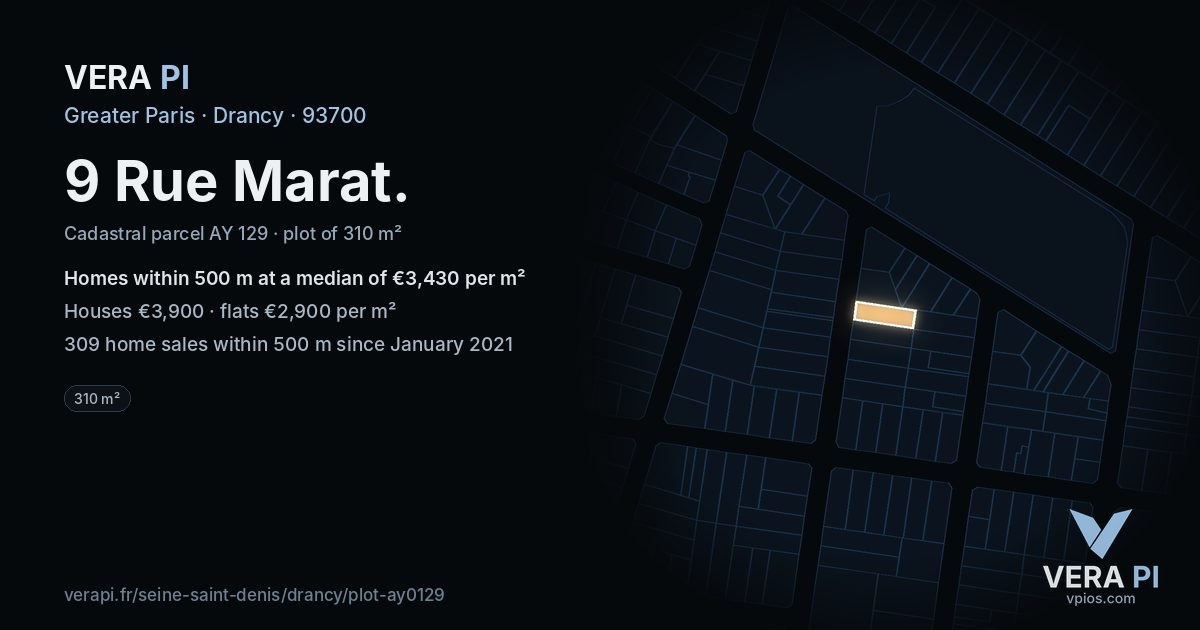 9 Rue Marat, Drancy at night – the plot lit, the parcels around coloured by the prices near them