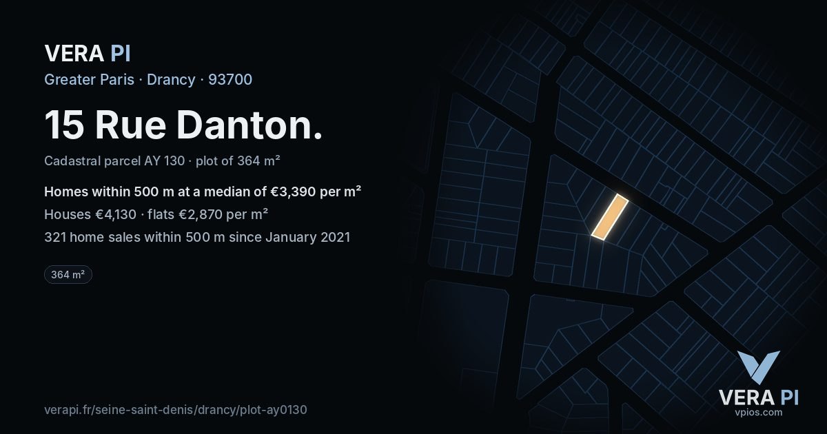 15 Rue Danton, Drancy at night – the plot lit, the parcels around coloured by the prices near them