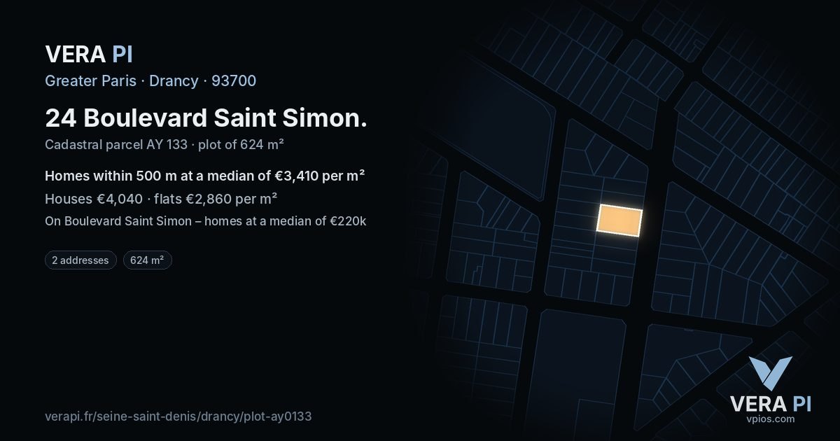 24 Boulevard Saint Simon, Drancy at night – the plot lit, the parcels around coloured by the prices near them