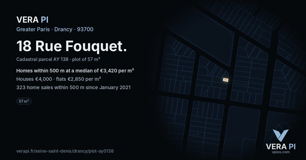 18 Rue Fouquet, Drancy at night – the plot lit, the parcels around coloured by the prices near them