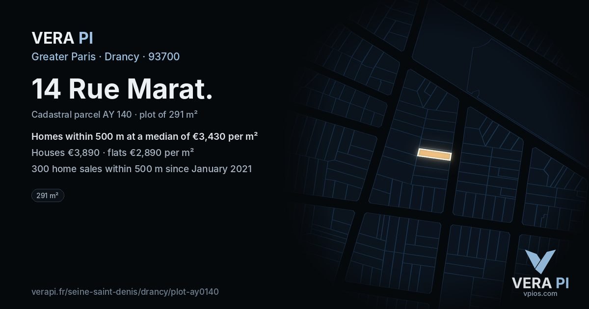 14 Rue Marat, Drancy at night – the plot lit, the parcels around coloured by the prices near them