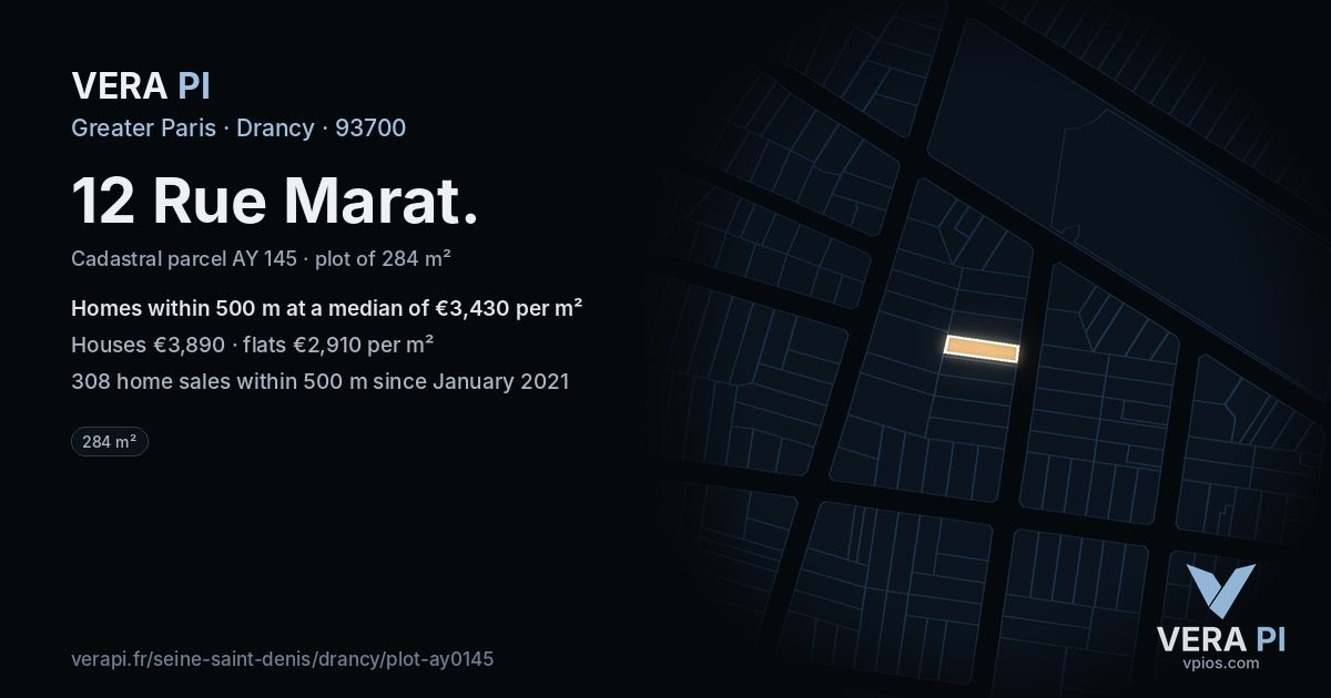 12 Rue Marat, Drancy at night – the plot lit, the parcels around coloured by the prices near them