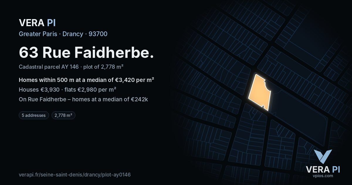 63 Rue Faidherbe, Drancy at night – the plot lit, the parcels around coloured by the prices near them