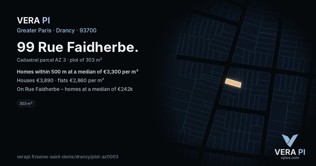 99 Rue Faidherbe, Drancy at night – the plot lit, the parcels around coloured by the prices near them