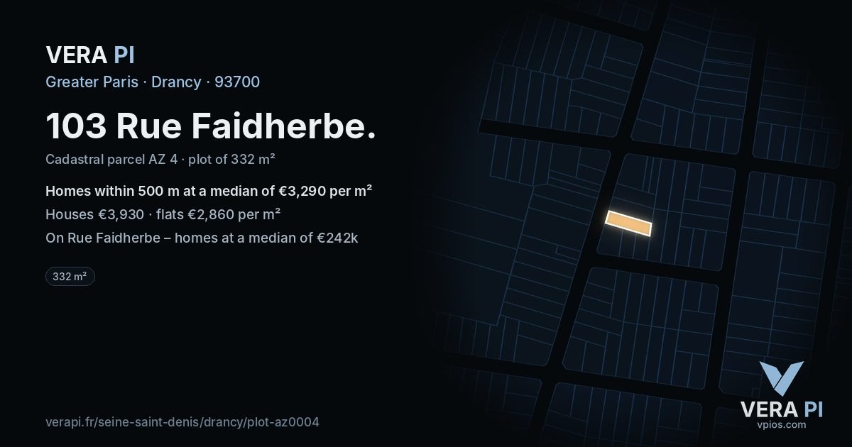 103 Rue Faidherbe, Drancy at night – the plot lit, the parcels around coloured by the prices near them