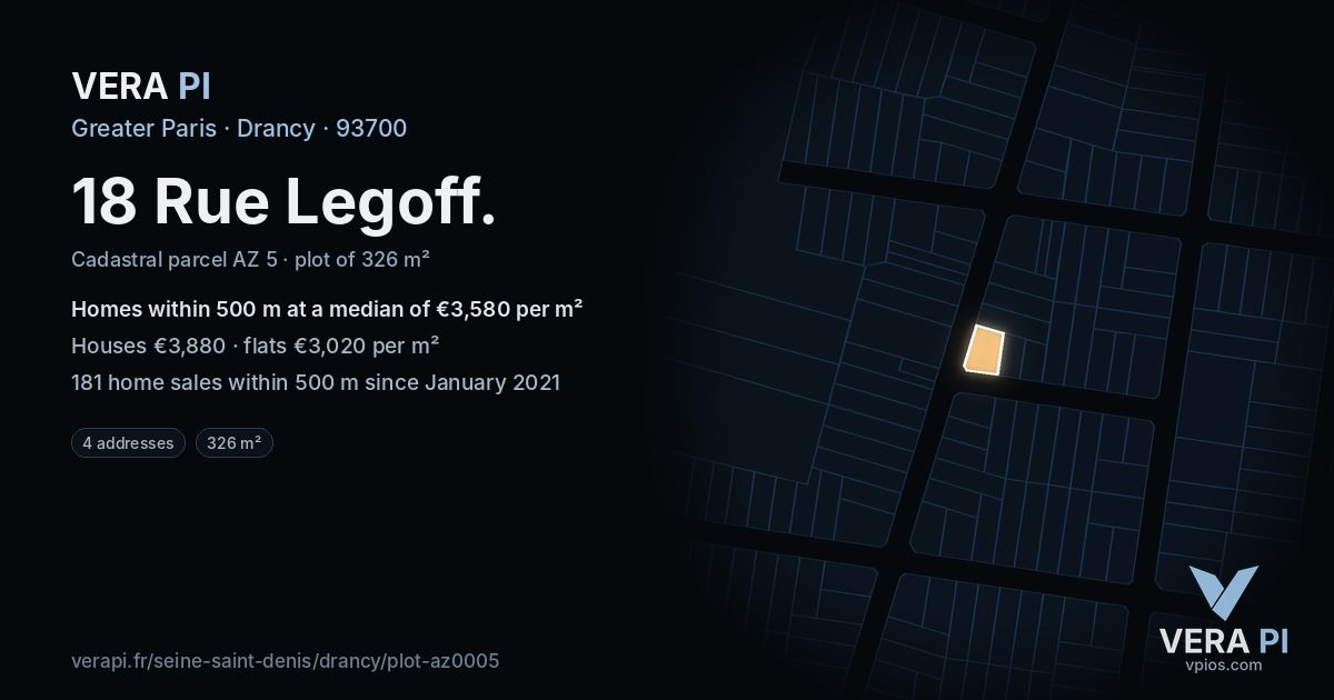 18 Rue Legoff, Drancy at night – the plot lit, the parcels around coloured by the prices near them