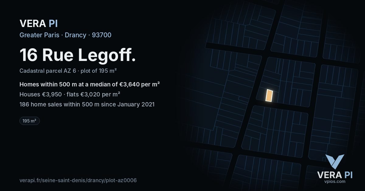 16 Rue Legoff, Drancy at night – the plot lit, the parcels around coloured by the prices near them