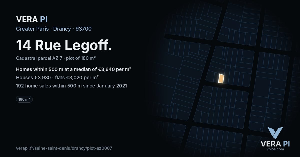 14 Rue Legoff, Drancy at night – the plot lit, the parcels around coloured by the prices near them