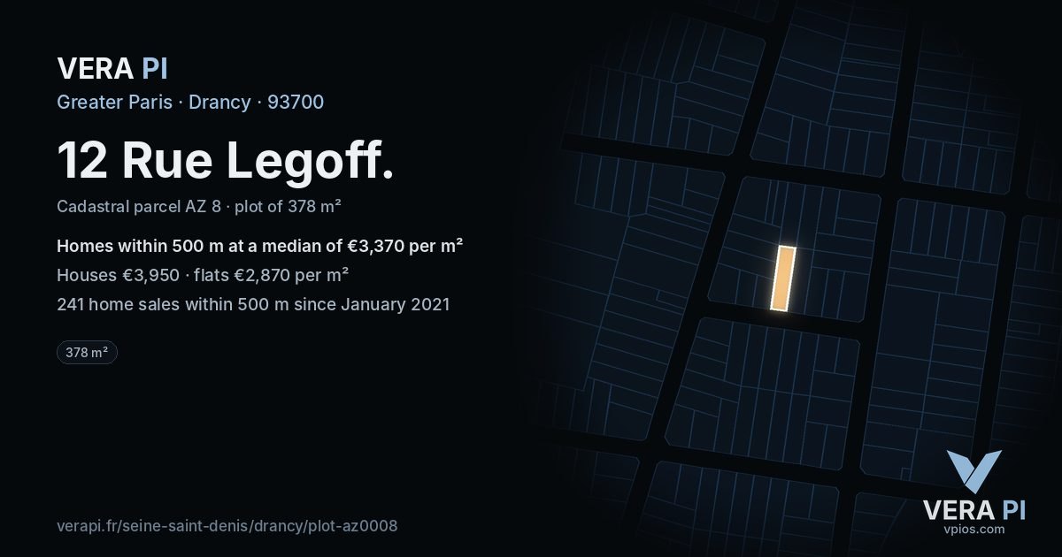 12 Rue Legoff, Drancy at night – the plot lit, the parcels around coloured by the prices near them