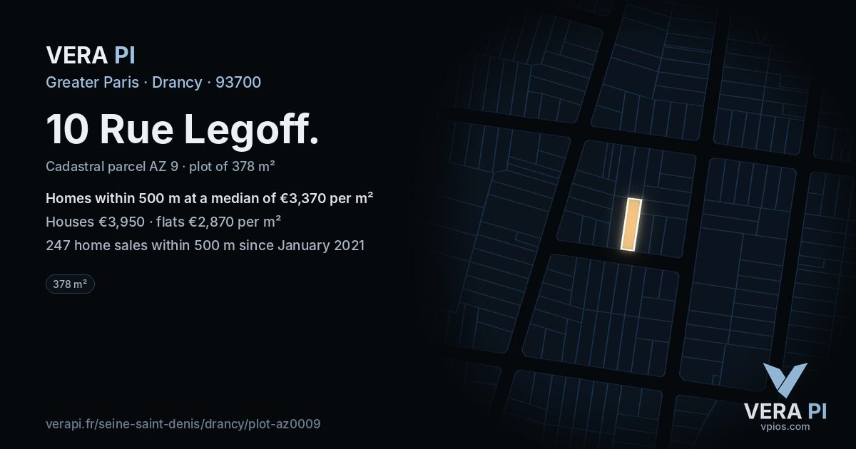 10 Rue Legoff, Drancy at night – the plot lit, the parcels around coloured by the prices near them