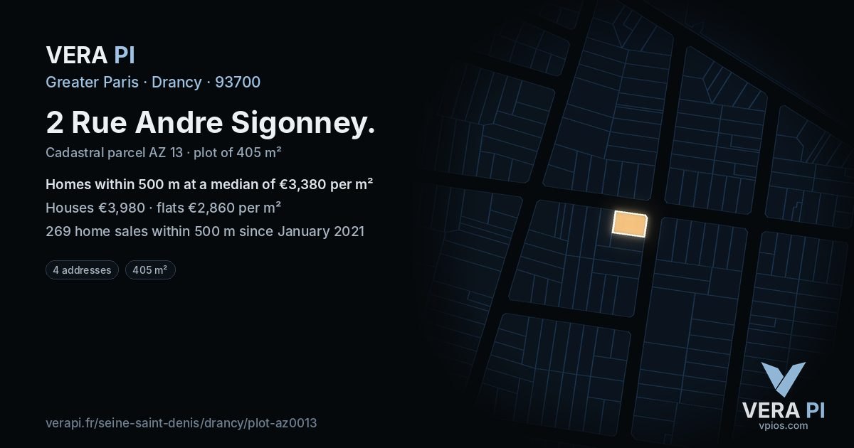 2 Rue Andre Sigonney, Drancy at night – the plot lit, the parcels around coloured by the prices near them