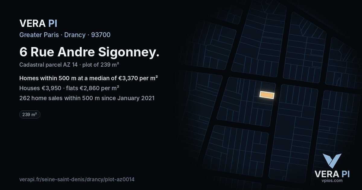 6 Rue Andre Sigonney, Drancy at night – the plot lit, the parcels around coloured by the prices near them