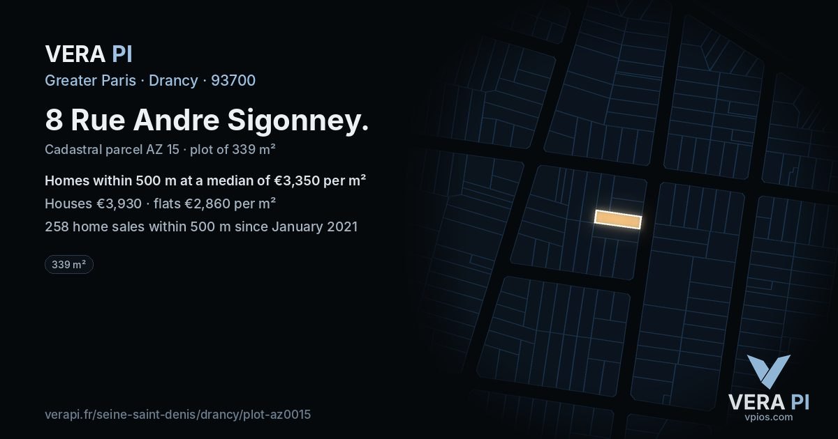 8 Rue Andre Sigonney, Drancy at night – the plot lit, the parcels around coloured by the prices near them