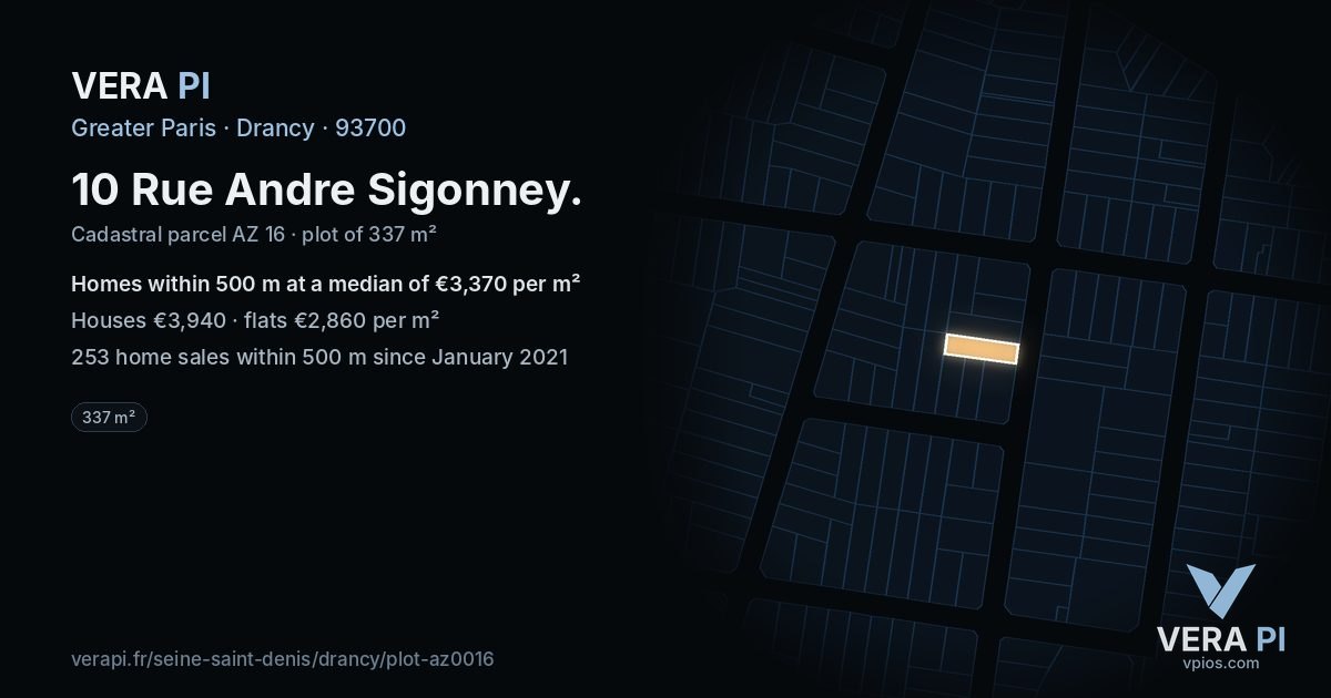 10 Rue Andre Sigonney, Drancy at night – the plot lit, the parcels around coloured by the prices near them