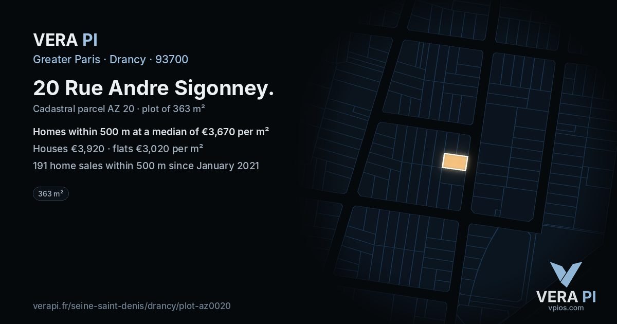 20 Rue Andre Sigonney, Drancy at night – the plot lit, the parcels around coloured by the prices near them