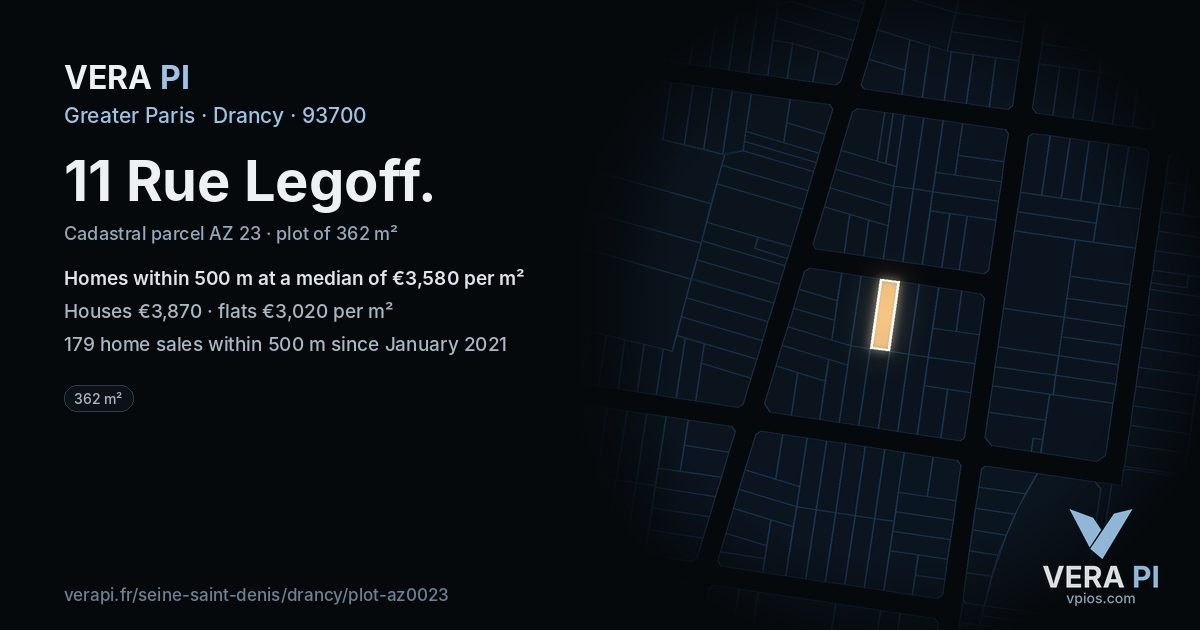 11 Rue Legoff, Drancy at night – the plot lit, the parcels around coloured by the prices near them