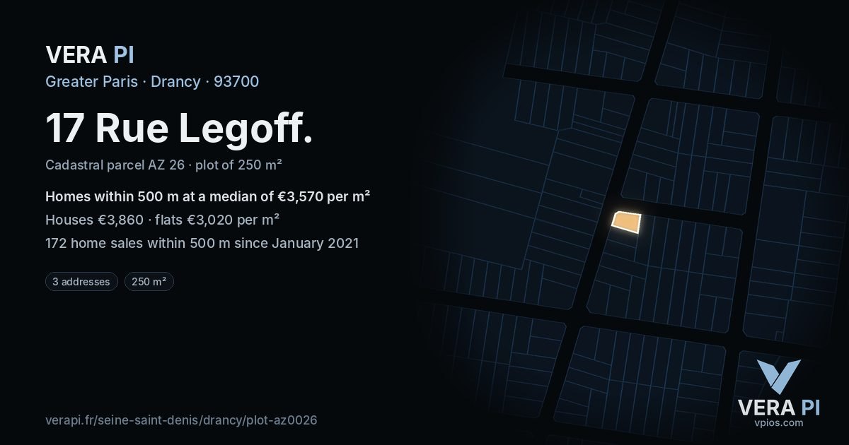 17 Rue Legoff, Drancy at night – the plot lit, the parcels around coloured by the prices near them
