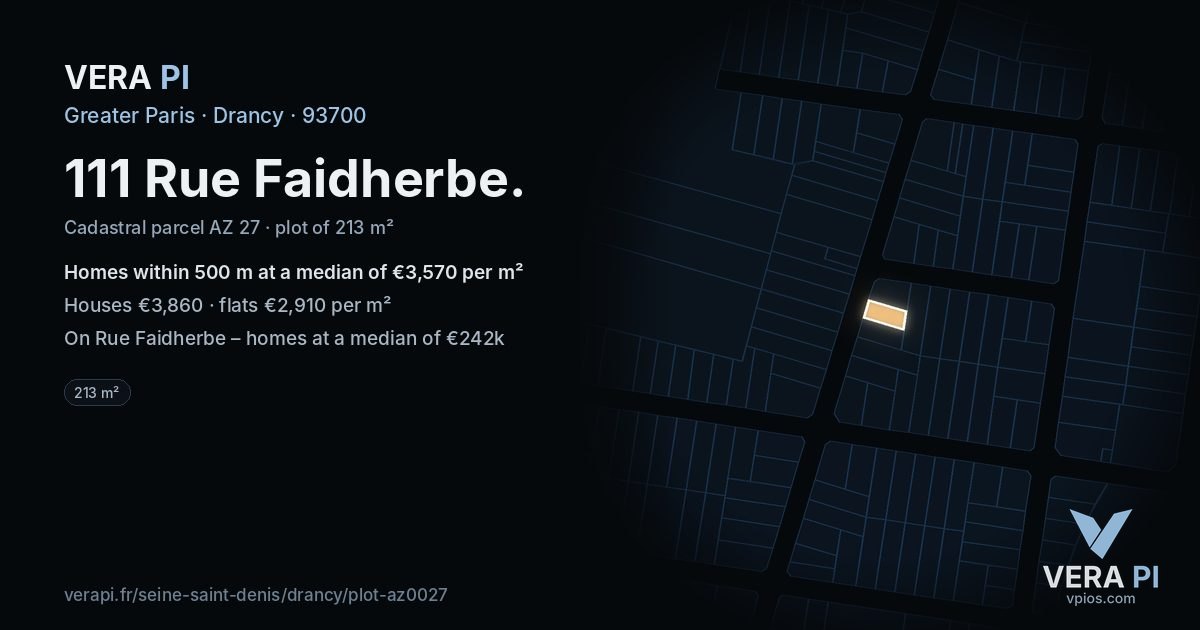 111 Rue Faidherbe, Drancy at night – the plot lit, the parcels around coloured by the prices near them
