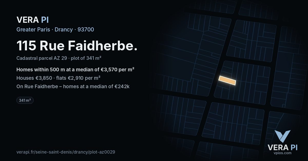 115 Rue Faidherbe, Drancy at night – the plot lit, the parcels around coloured by the prices near them