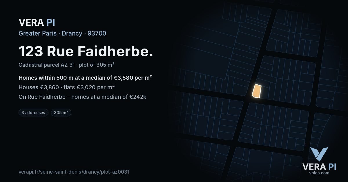 123 Rue Faidherbe, Drancy at night – the plot lit, the parcels around coloured by the prices near them