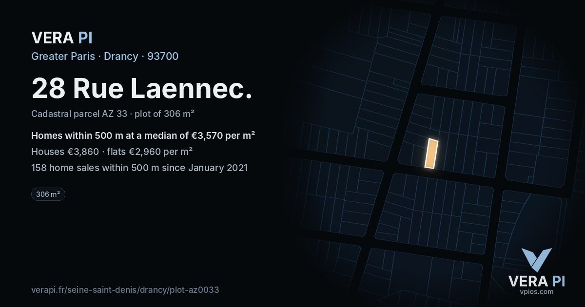 28 Rue Laennec, Drancy at night – the plot lit, the parcels around coloured by the prices near them