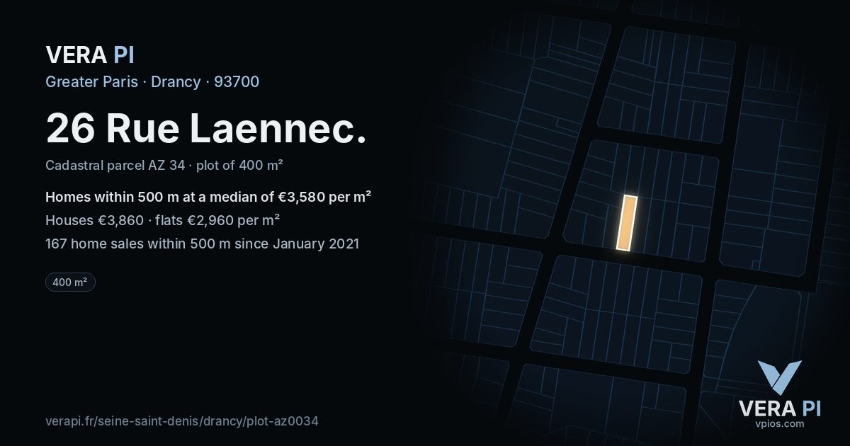 26 Rue Laennec, Drancy at night – the plot lit, the parcels around coloured by the prices near them