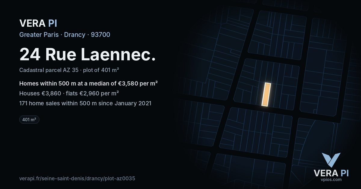 24 Rue Laennec, Drancy at night – the plot lit, the parcels around coloured by the prices near them