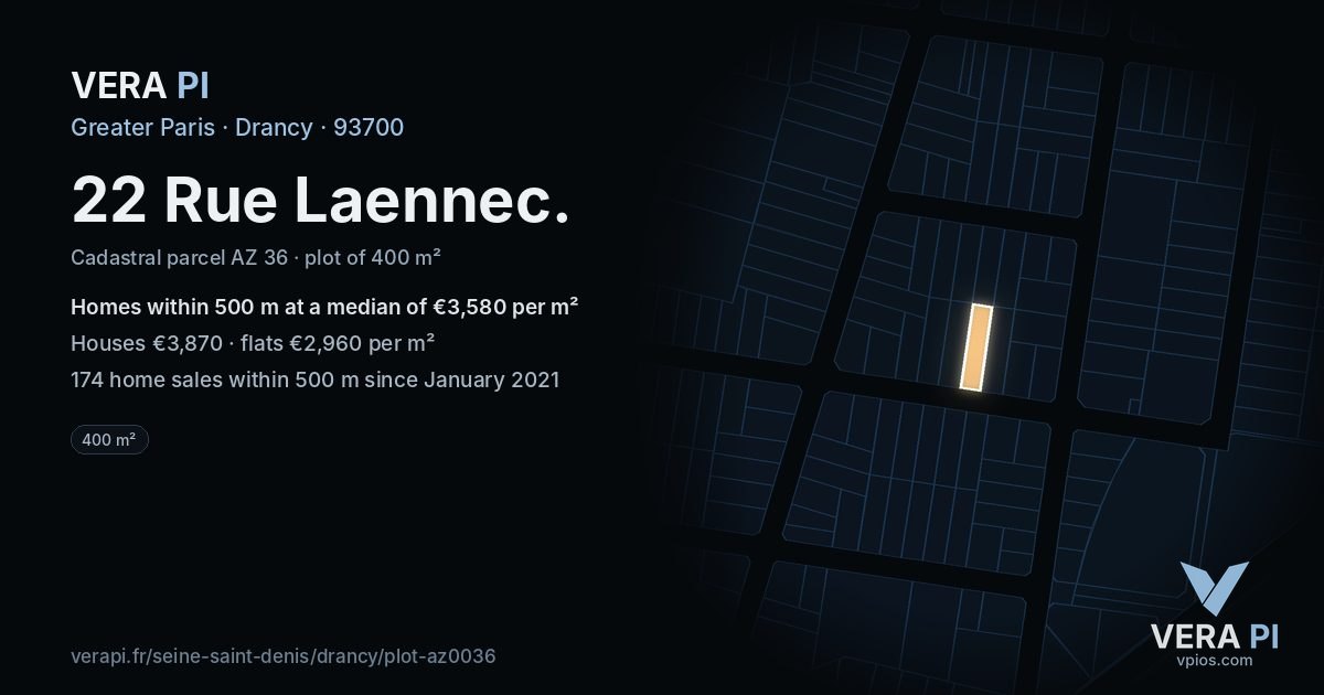 22 Rue Laennec, Drancy at night – the plot lit, the parcels around coloured by the prices near them