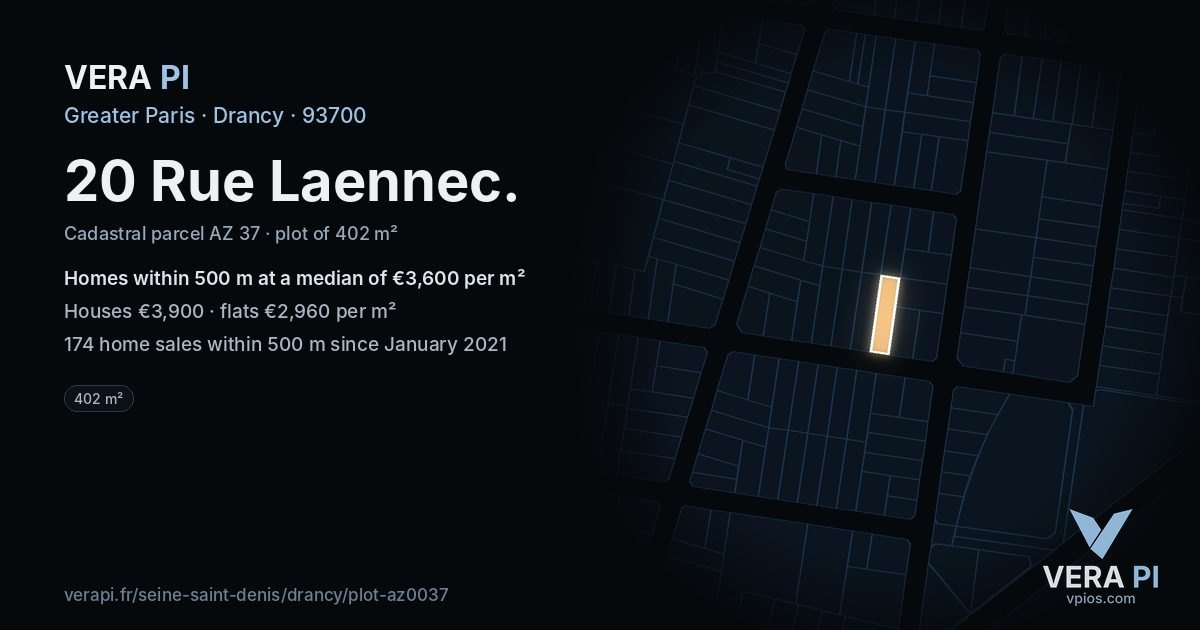 20 Rue Laennec, Drancy at night – the plot lit, the parcels around coloured by the prices near them