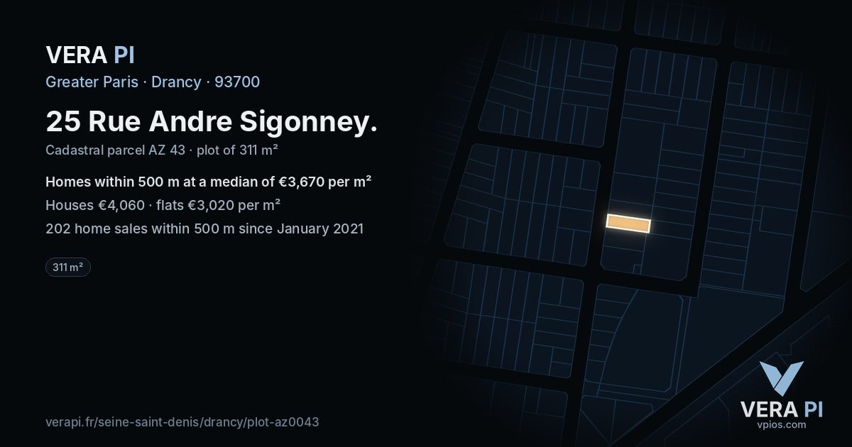 25 Rue Andre Sigonney, Drancy at night – the plot lit, the parcels around coloured by the prices near them