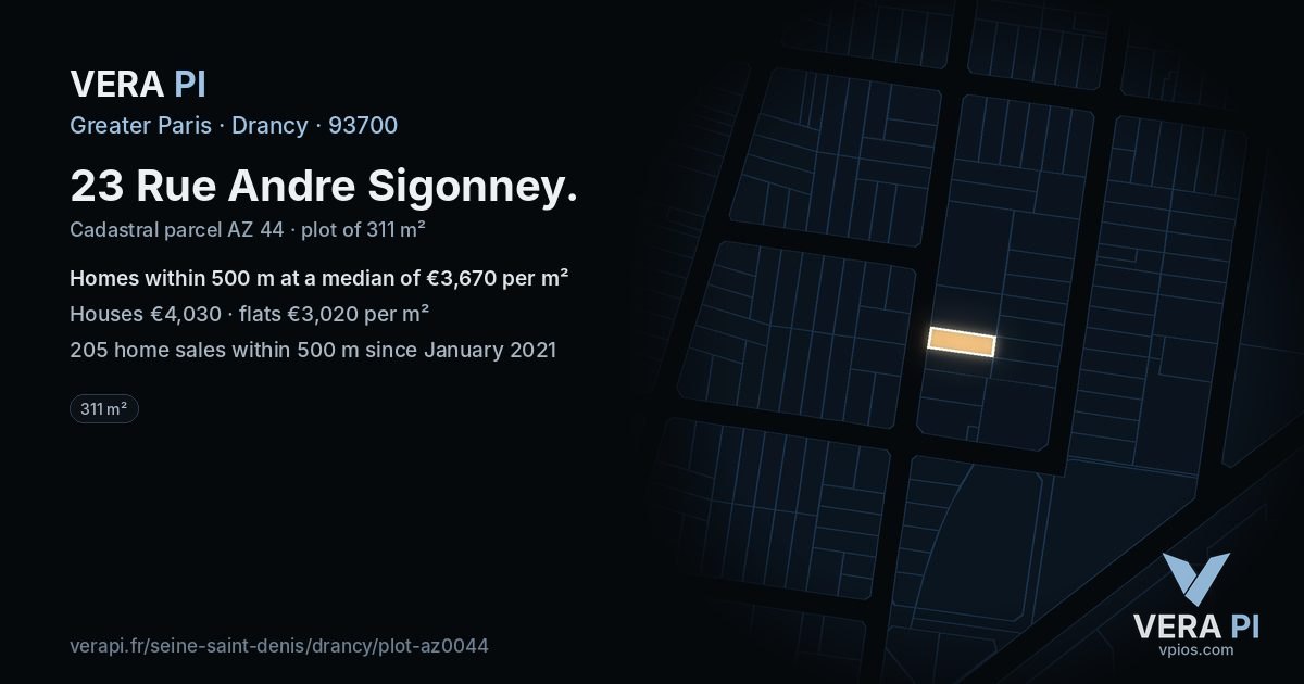 23 Rue Andre Sigonney, Drancy at night – the plot lit, the parcels around coloured by the prices near them
