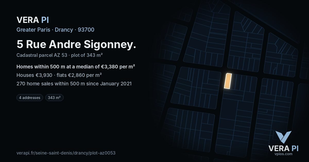 5 Rue Andre Sigonney, Drancy at night – the plot lit, the parcels around coloured by the prices near them