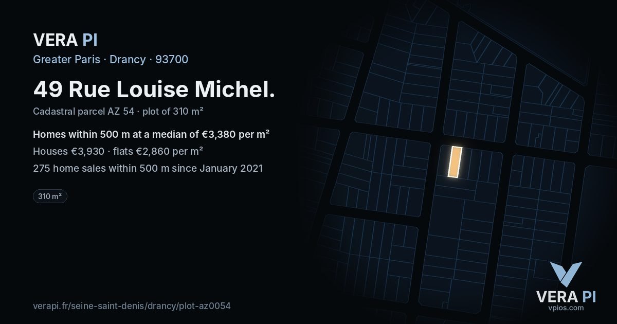49 Rue Louise Michel, Drancy at night – the plot lit, the parcels around coloured by the prices near them