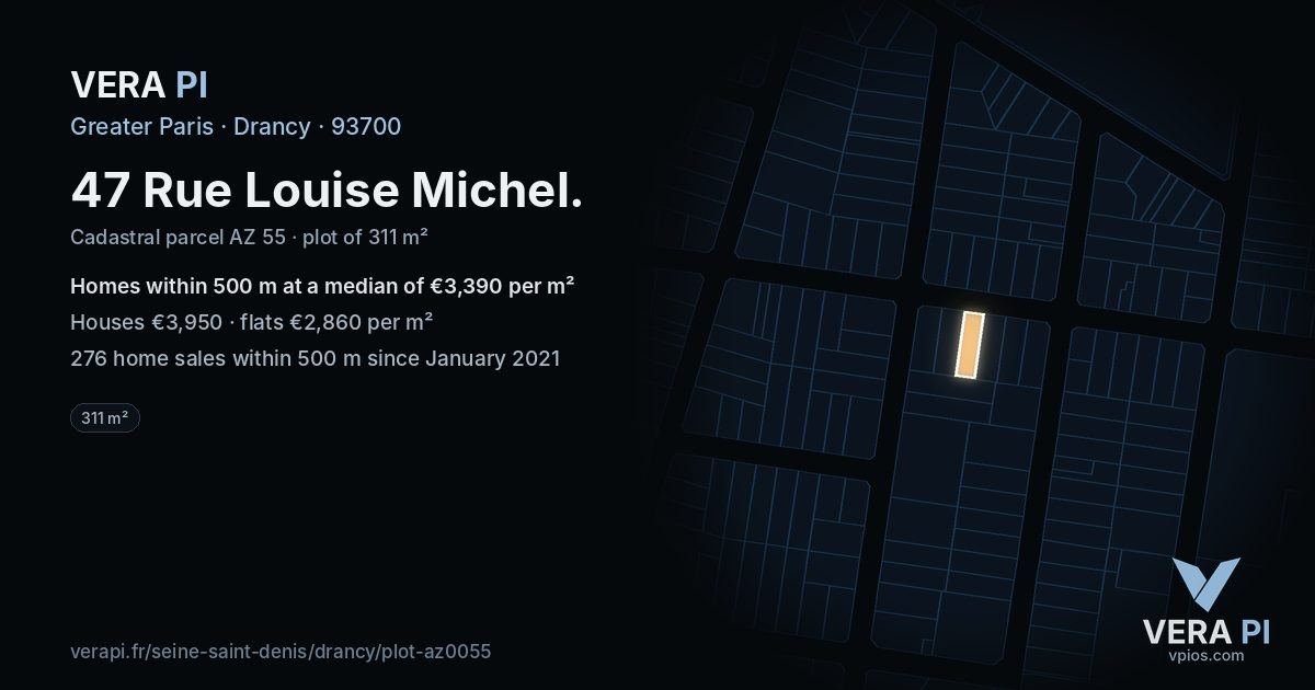 47 Rue Louise Michel, Drancy at night – the plot lit, the parcels around coloured by the prices near them