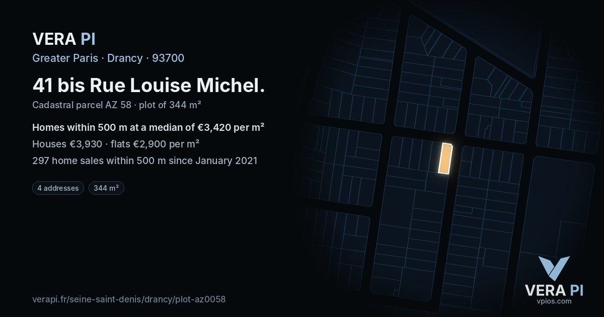 41 bis Rue Louise Michel, Drancy at night – the plot lit, the parcels around coloured by the prices near them