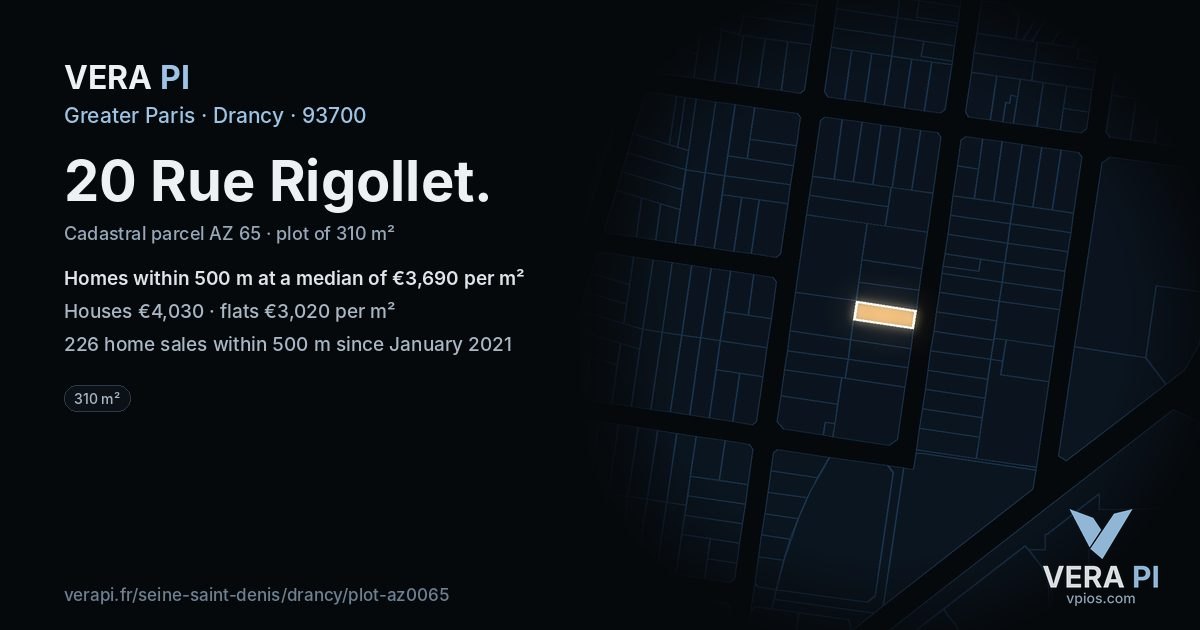 20 Rue Rigollet, Drancy at night – the plot lit, the parcels around coloured by the prices near them