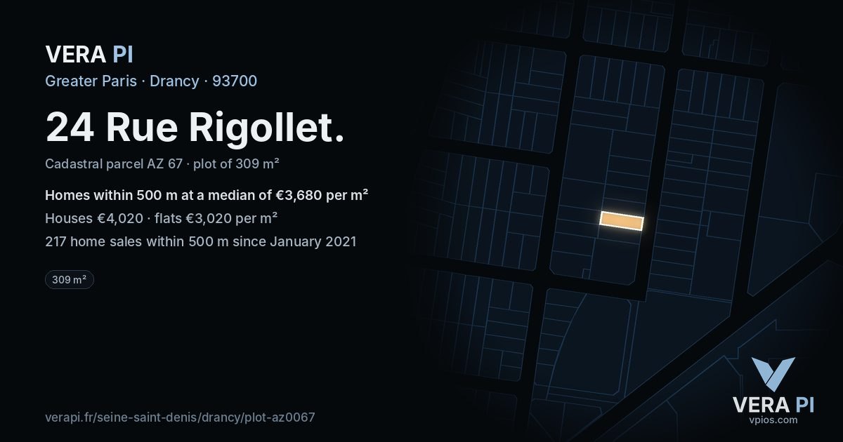 24 Rue Rigollet, Drancy at night – the plot lit, the parcels around coloured by the prices near them