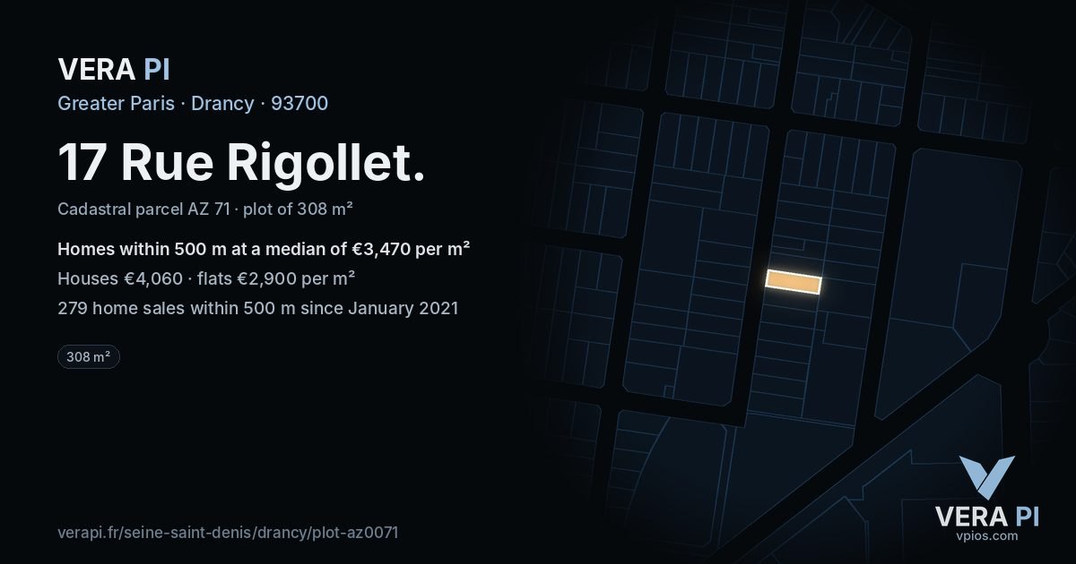 17 Rue Rigollet, Drancy at night – the plot lit, the parcels around coloured by the prices near them