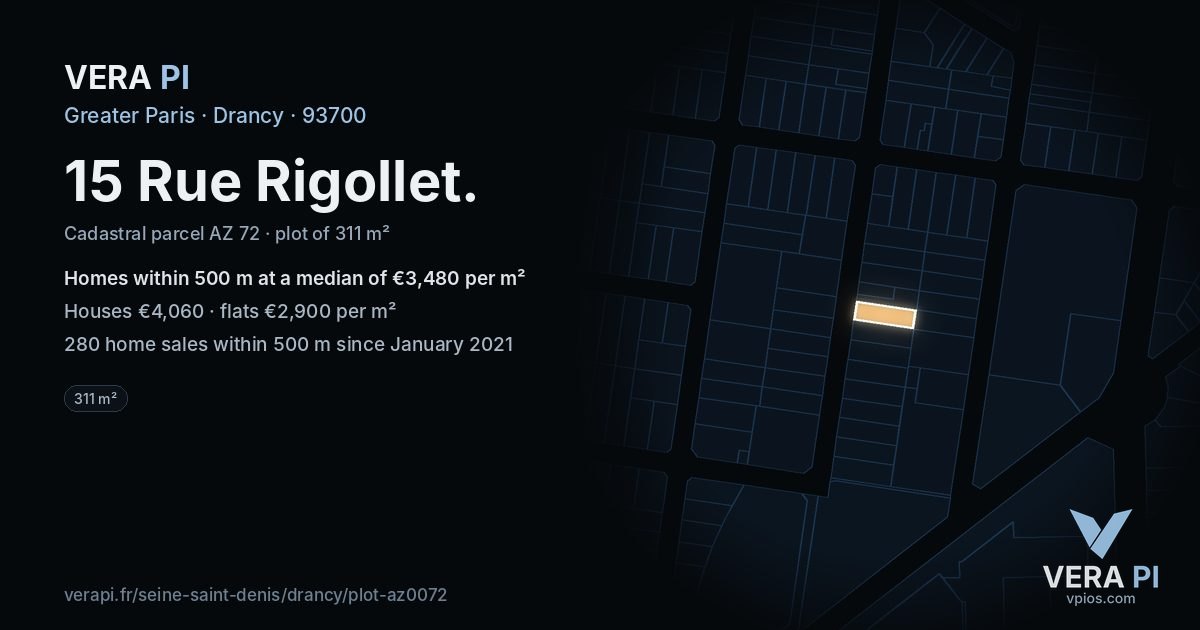 15 Rue Rigollet, Drancy at night – the plot lit, the parcels around coloured by the prices near them