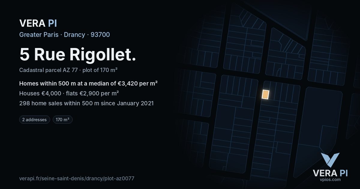 5 Rue Rigollet, Drancy at night – the plot lit, the parcels around coloured by the prices near them