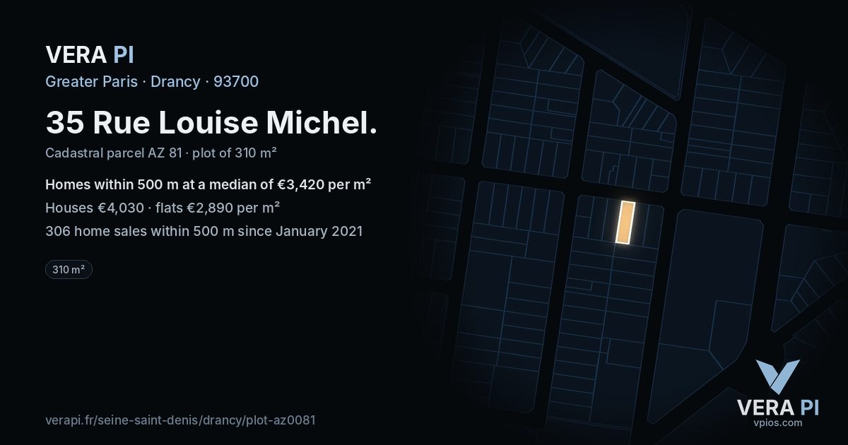 35 Rue Louise Michel, Drancy at night – the plot lit, the parcels around coloured by the prices near them