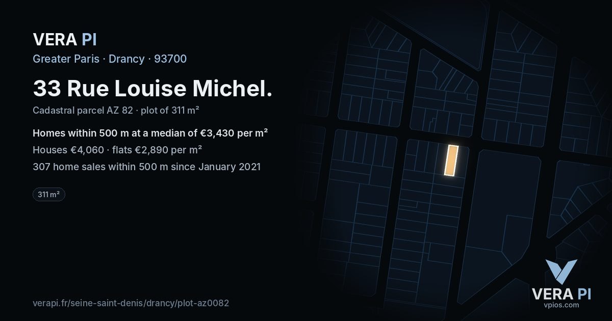 33 Rue Louise Michel, Drancy at night – the plot lit, the parcels around coloured by the prices near them